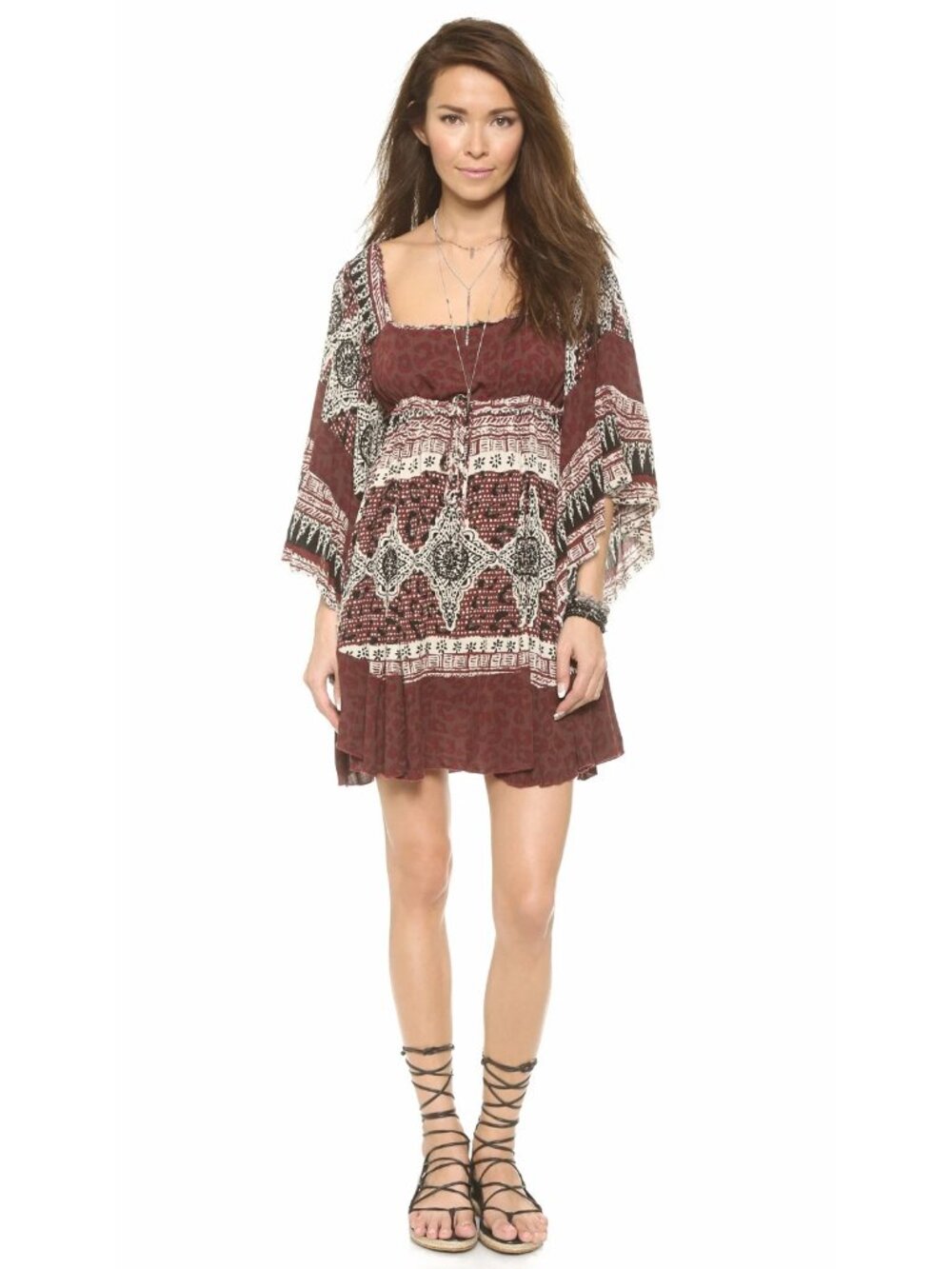 ☀️ Free People Heart of Gold Scarlet Combo Boho Bell Sleeve Babydoll Mini Dress